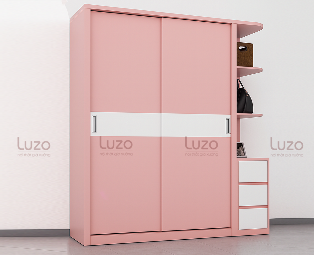 Tủ quần áo cửa lùa gỗ MDF màu hồng pastel nữ tính LZW88