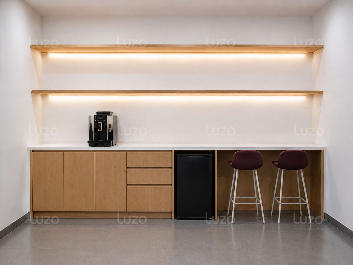 Pantry Văn Phòng Liền Bàn PT8 – Pantry Kết Hợp Khu Ngồi Thư Giãn