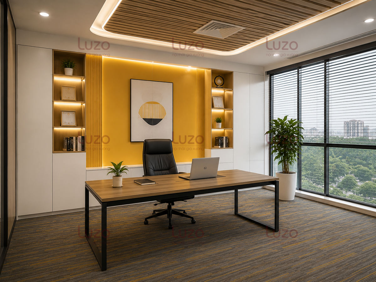 Bàn giám đốc thiết kế tối giản trong văn phòng agency.