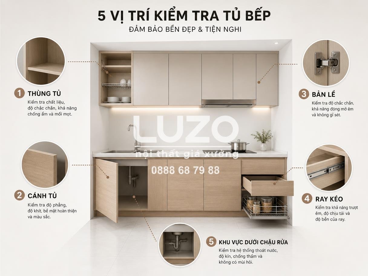 Checklist kiểm tra thùng tủ, cánh tủ và phụ kiện tủ bếp