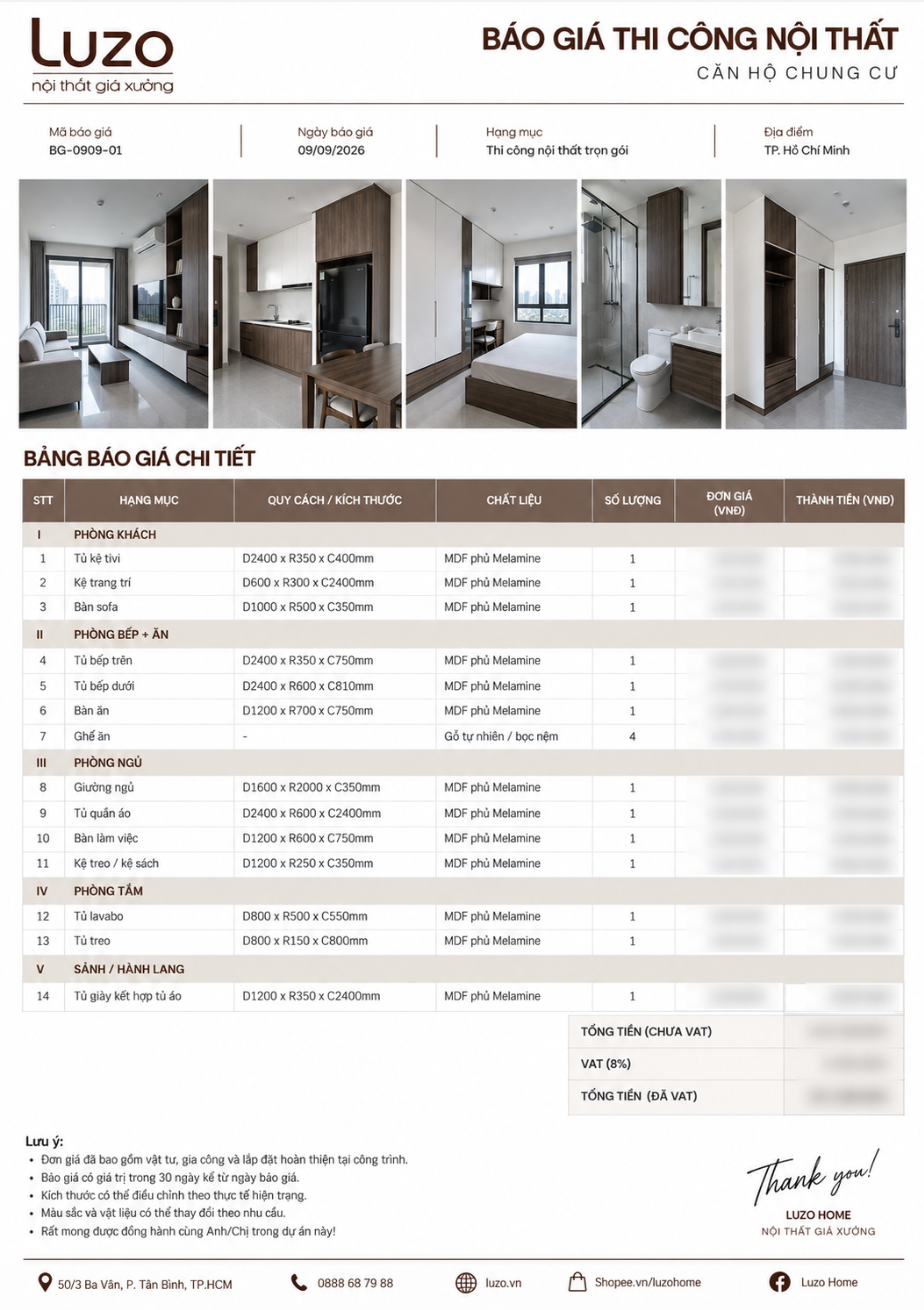 Báo giá thi công căn hộ thực tế của Luzo